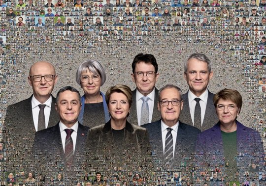 Die Bundesräte: Ignazio Cassis (FDP), Bundespräsidentin Karin Keller-Sutter (FDP), Vizepräsident Guy Parmelin (SVP), Viola Amherd (Die Mitte), Bundeskanzler Viktor Rossi (GLP), Elisabeth Baume-Schneider (SP) und Albert Rösti (SVP)... v.l.