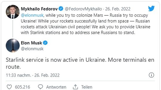 Mykhailo Fedorov bedankte sich später auf Twitter beim US-Amerikaner Elon Musk und bei «jedem», der die Ukraine unterstütze…