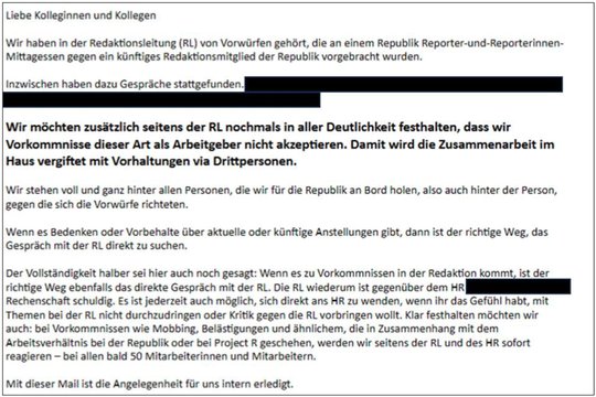  Die Hinweisgeberin wurde von der Redaktionsleitung zurechtgewiesen, nachdem sie vor dem neu eingestellten «Republik»-Mitarbeiter gewarnt hatte. (Bild Screenshot Bericht)