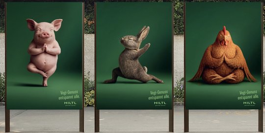 Einatmen, ausatmen: Die Protagonisten der aktuellen Hiltl-Plakatkampagne «Vegi-Genuss entspannt alle» landen nicht auf dem Teller des vegetarischen Restaurants Hiltl...   (Bild: Ruf Lanz/zVg)