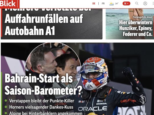 Aufmacher der Boulevardzeitung zum Auftakt in Bahrain. Für Roger Benoit ist es das 799. Mal vor Ort in der Formel-1... (Bild Screenhot «Blick»)