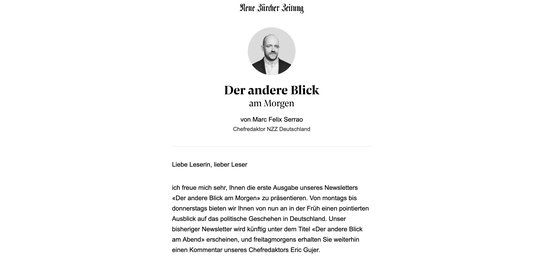 «Der andere Blick am Morgen» soll ein «bürgerlich-liberaler Blick auf die Dinge» werfen… (Bild: Screenshot abo.nzz.ch)