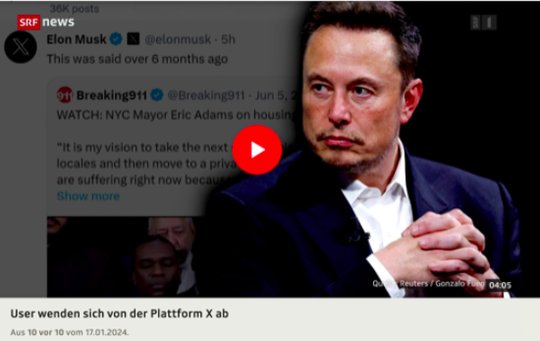 Einmal mehr betreibt SRF Meinungs- statt Informationsjournalismus und basht einseitig auf die Plattform von Elon Musk, X, ein... (Bild Screenshot SRF)