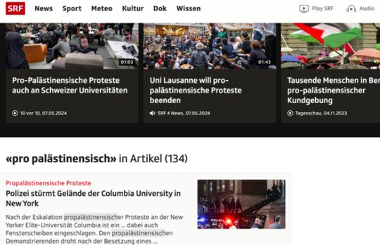 Über 134 Artikel sind auf srf.ch zu «pro-palästinensisch» zu finden... (Bild: Screenshot)