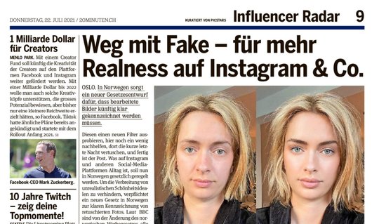 Für den neuen Kanal geht «20 Minuten» eine Zusammenarbeit mit der Influencer-Agentur Picstars ein, die die Berichte erstellt... (© Bild: 20 Minuten)