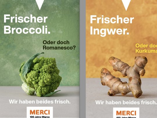 Sujets thematisieren die Ähnlichkeit unterschiedlichster Obst- und Gemüsearten und inszenieren die Verwechslungsgefahr über einen gewollten Irritationsmoment: ob Broccoli oder Romanesco, Ingwer oder Kurkuma…    (Bilder: Thjnk Zürich/Migros)