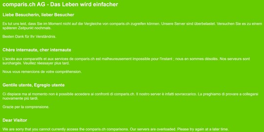 Comparis.ch ist seit Mittwochmorgen offline, gemäss aktuellem Stand soll die Website aber im Laufe des Donnerstags wieder zugänglich sein... (© Bild: Screenshot Comparis.ch)