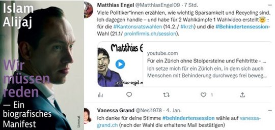 Verschiedene Engagements für die gleiche Sache: Das Buchcover von Islam Alijaj. Twitterbotschaft von Matthias Engel...