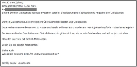 Absender «Kronen Zeitung», Betreff «Dietrich Mateschitz neueste Investition»: Betrüger versuchen mit journalistisch daherkommenden Phishing-Mails Vertrauen aufzubauen. (Bild Screenshot NCSC-Halbjahresbericht)