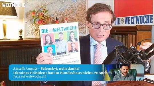 Selenskyj hat im Bundeshaus nichts zu suchen, sagt Köppel. Falls der Ukraine-Präsident dort auf der Suche nach einem gewissen Roger Köppel wäre, hätte er an vielen Tagen im Saal des Nationalrats auch nichts zu finden...           (Weltwoche Daily)