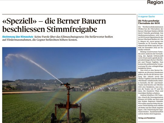 «In eigener Sache»: Tamedia wird zu 100 Prozent Eigentümerin der Berner Oberland Medien AG…    (Ausriss Thuner Tagblatt)