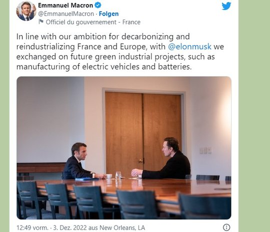 Neben Gesprächen über Umwelt und Industrie hat Emmanuel Macron bei seinem Treffen Elon Musk auch klar gemacht, was für Twitter auf dem Spiel stehen könnte...   (Bild: Twitter)