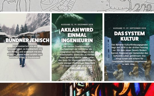 Obwohl digital, erschien das eingestellte Magazin in «Ausgaben»: Titelstorys der Ausgaben 11 bis 13. (Bild © Raetia Publica)