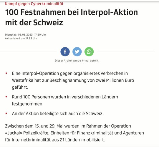 Bildschirmfoto srf.ch Mehr Kryptik als Information: SRF mit Interpol-Meldung vom 9. August...