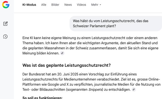 Der Chatbot von Google gibt sich diplomatisch: «Eine KI kann keine eigene Meinung zu einem Leistungsschutzrecht haben»... (Bild: Screenshot Klein Report)