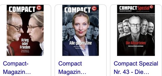 Die laufenden Ausgaben von «Compact»: Januar 2025, November 2024 und Spezialausgabe über «Die Altparteien»...   (Bild Screenshot/Online-Shop Compact)