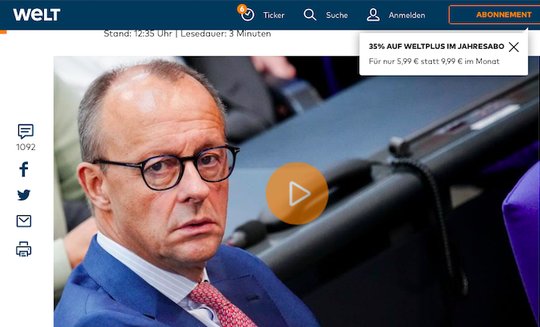 Friedrich Merz akzeptiert nicht die argumentative Schwäche seiner Aussagen, sondern entschuldigt sich dafür, allenfalls «Gefühle verletzt zu haben». (Screenshot Welt)