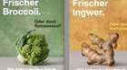 Sujets thematisieren die Ähnlichkeit unterschiedlichster Obst- und Gemüsearten und inszenieren die Verwechslungsgefahr über einen gewollten Irritationsmoment: ob Broccoli oder Romanesco, Ingwer oder Kurkuma…    (Bilder: Thjnk Zürich/Migros)