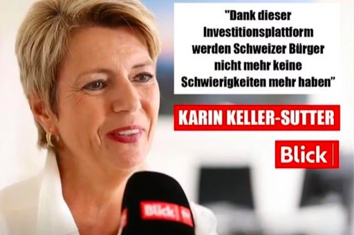 In einem gefakten «Blick»-Artikel lädt Finanzministerin Karin Keller-Sutter die User ein, auf einer staatlichen Investitionsplattform zu investieren... (Bild: Screenshot)