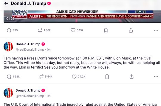 «Elon ist grossartig!», schreibt Donald Trump zur Verabschiedung von Elon Musk auf seinem Kurznachrichten-Dienst Truth Social (Bild: Screenshot truthsocial.com)