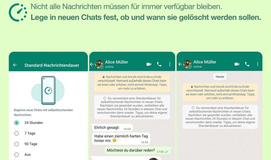 Neu sind nun unter anderem zwei neue Ablaufdaten für selbstlöschende Nachrichten:  Nun können Nachrichten nach 24 Stunden oder 90 Tagen aus Chats entfernt werden... (Bild: WhatsApp)