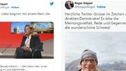 Der Tweet links führte zur Sperre. Rechts die Freude von Roger Köppel, als er wieder zugelassen wurde...