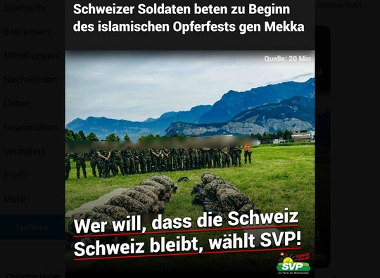 Die Schweizer Volkspartei hetzt gegen betende muslimische Armeeanghörige und «vergisst» dabei Artikel 15 der Bundesverfassung... (Bild: Screenshot Twitteraccount SVP-Schweiz)