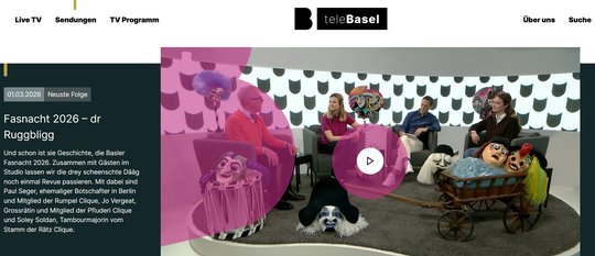 Highlights der Basler Fasnacht können in der Telebasel App und in der Mediathek nachgeschaut werden… (Bild: Screenshot telebasel.ch/fasnacht)