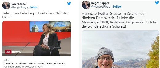 Der Tweet links führte zur Sperre. Rechts die Freude von Roger Köppel, als er wieder zugelassen wurde...