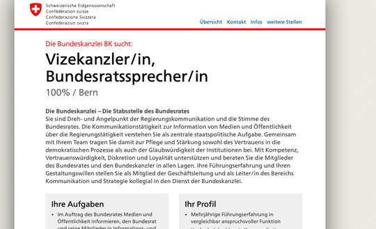 «Sie sind Dreh- und Angelpunkt der Regierungskommunikation und die Stimme des Bundesrates», heisst es in der Stellenausschreibung... (Bild: Screenshot)