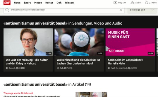 Eine Suche auf SRF ergab nichts Ergiebiges zum derzeitigen Antisemitismus an der Uni Basel... (Bild: Screenshot)