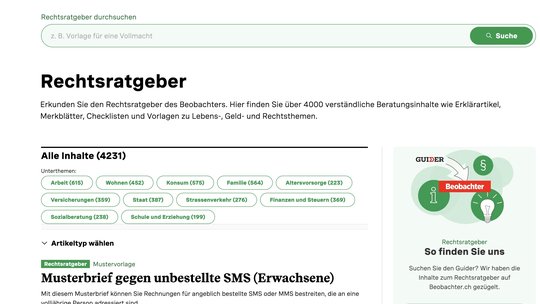 Der Name der Wissensdatenbank Guider verschwindet. Sie ist neu auf beobachter.ch unter «Beratung» zu finden… (Bild: Screenshot beobachter.ch/rat)