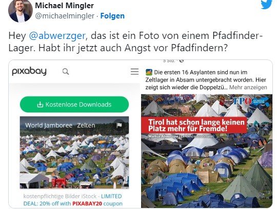 Das vermeintliche Zeltlager für Geflüchtete ist in Wahrheit ein Pfadilager...               (Screenshot Twitter)