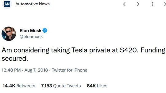 Der verhängnisvolle Tweet von Elon Musk im Jahre 2018...