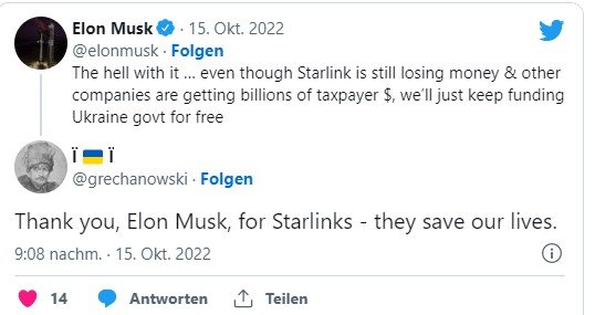 Elon Musk will der Ukraine weiterhin helfen, wie er auf «seinem» Kanal verkündet...