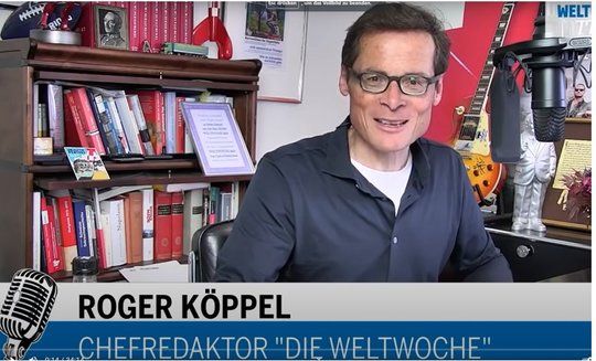 Roger Köppel im Studio von «Weltwoche Daily». Der digitale Auftritt wurde anfangs Mai rundum erneuert…    (Screenshot)  