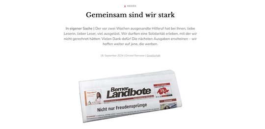 Trotz der ersten positiven Bilanz wird nicht erwähnt, wie viele «weitere Ausgaben» des «Berner Landboten» publiziert werden können… (Bild: Screenshot bernerlandbote.ch)