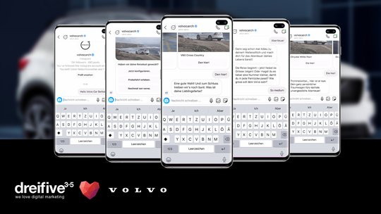 Interessierte Kunden können sich durch die Nutzung des Instagram-Chatbots von Volvo über die verschiedenen Modelle virtuell begleiten lassen...               (Bild: Dreifive) 