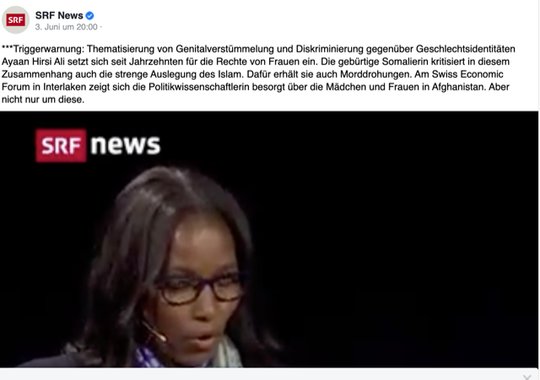 Bis heute behauptet SRF auf Facebook, die Intellektuelle Ayaan Hirsi Ali sei «diskriminierend gegenüber Geschlechtsidentitäten», obwohl die Rednerin am SEF über die Ukraine, den Islam, Afghanistan und die Verteidigung der Demokratie gesprochen hat…