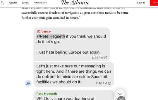 Peinlicher Leak: Chat zwischen Vizepräsident J.D. Vance und Verteidigungsminister Pete Hegseth... (Bild: Screenshot «The Atlantic»)