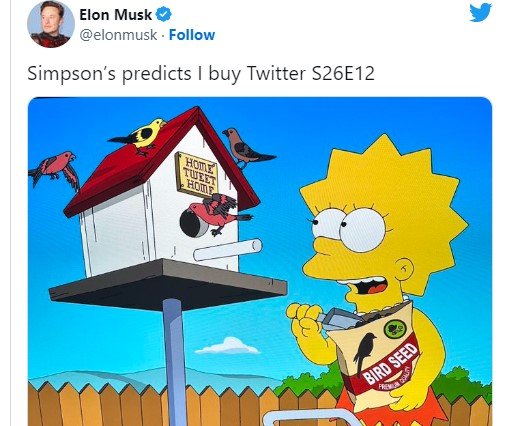 Der Beginn einer wunderbaren Freundschaft: Lisa Simpson und Elon Musk, der ihren Twitter-Vögelchen ein technisch besser ausgerüstetes Nest besorgt...