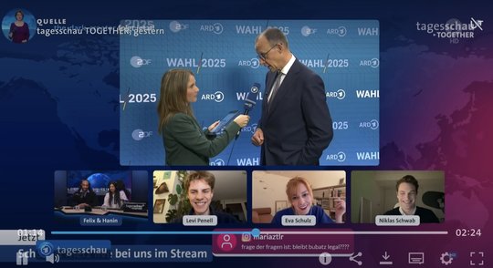 Auf Twitch: «Frage der Fragen: Bleibt Bubatz legal?» Merz: «Was ist Bubatz? Wenn Sie Gras meinen, also Cannabis, nein, wir wollen das wieder korrigieren...»    (Bild Screenshot ARD)