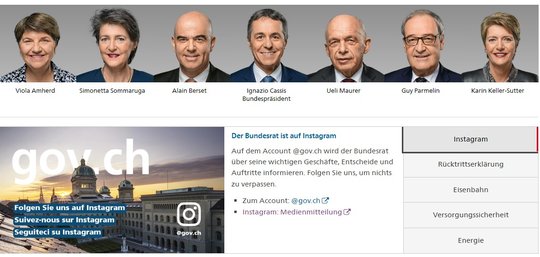 Primär informiert @gov.ch über wichtige Entscheide, Dossiers und Auftritte des Bundesrates...              (Screenshot)