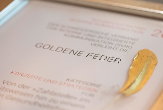 Die Goldene Feder im Rahmen und als Bild: Macht sich schön im Büro...(Bild: zVg)