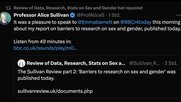 Professorin Alice Sullivan, die den Bericht des britischen Staates zu den Auswirkungen der Gender-Theorie verfasste...  (Bild: Tweet/A. Sullivan)