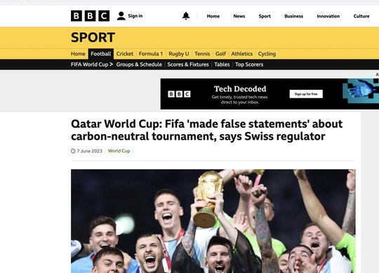 Auch die BBC berichtete über den Fifa-Fall zu Green Washing, den die Schweizerische Lauterkeitskommission lancierte...