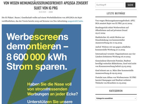 APG möchte dieses Sujet nicht ausstrahlen... (Bild: IG PRG Website)