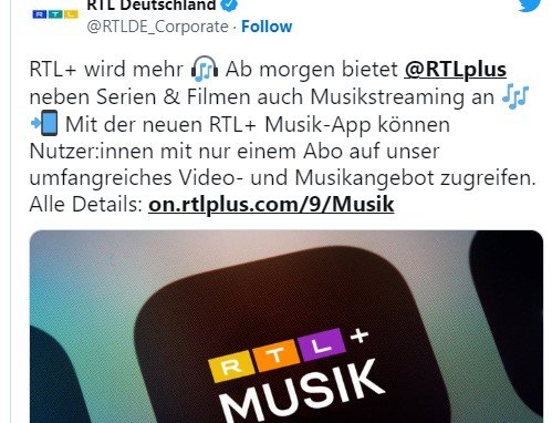 RTL+ bietet neben Filmen mehr als 90 Millionen Songs zum Streamen an… 