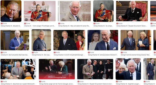 Die «Bunte» berichtet oft und gerne über Charles III. Dass die Grafik gerade kurz vor seiner Krönung entlassen wird, ist weniger königlich…    (Screenshot Google Bildsuche)