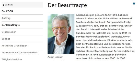 Adrian Lobsiger, der jetzige eidgenössische Datenschutz- und Öffentlichkeitsbeauftragte, wird künftig vom Parlament gewählt... (Bild: Screenshot Homepage edoeb.admin.ch)